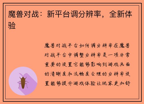 魔兽对战：新平台调分辨率，全新体验